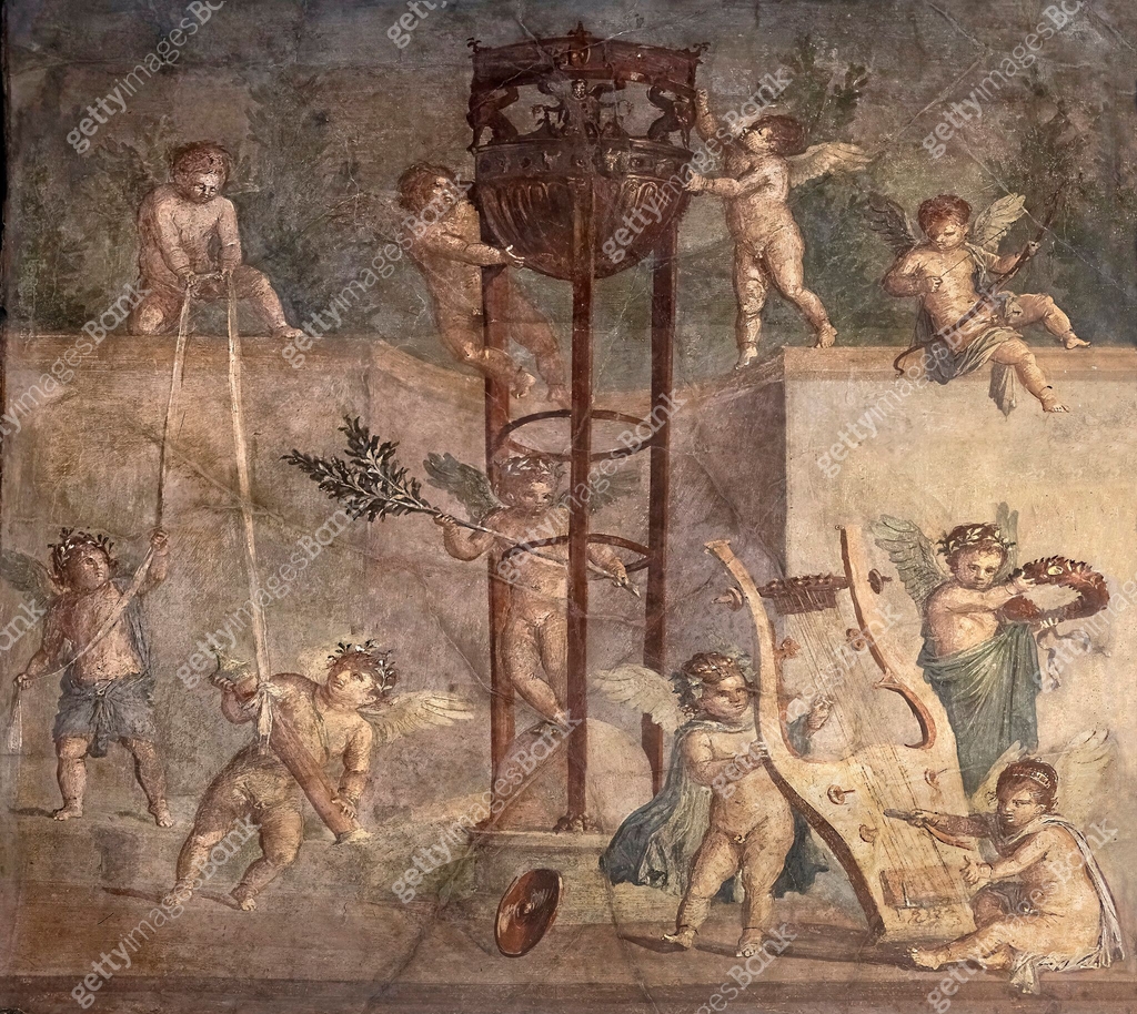 Apollo Atributes Herculaneum fresco cupids playing with the attributes of Apollo 이미지 ...