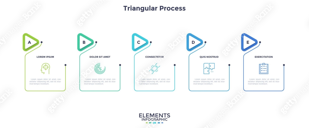 Process chart with five rectangular elements and pointers placed in ...