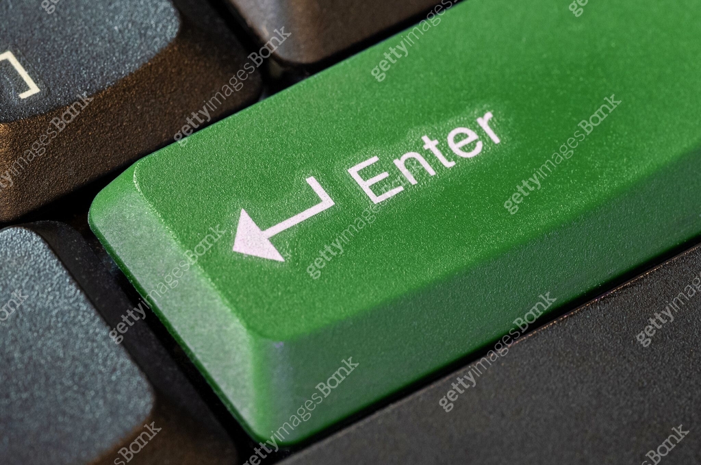 Green enter key on a computer keyboard, object macro detail extreme ...