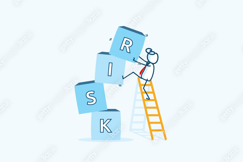 businessman stick figure character on ladder holding cube risk cubes ...