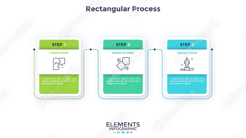Process diagram with three paper white rectangular elements or cards ...
