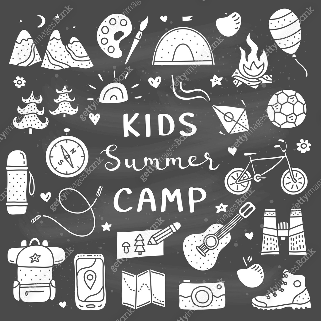 Poster with kids camp, outdoor icons and lettering. 이미지 (2163703756 ...