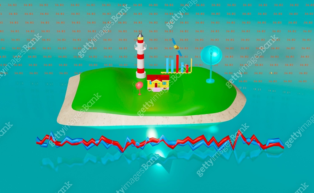 A scene where an island with a lighthouse and a house is about to sink ...