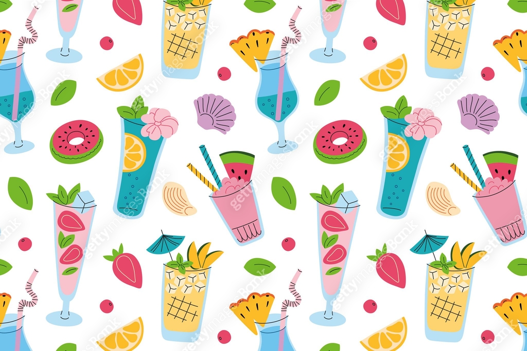 Seamless vector pattern with colorful summer drinks, trendy cocktails ...