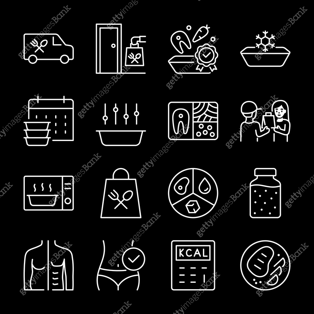 Ready-to-eat meal delivery for the day icons set. Daily food ration ...