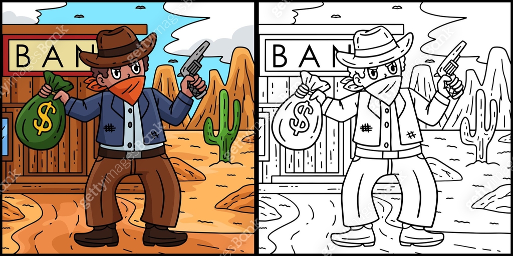 Cowboy Bandit Coloring Page Colored Illustration 이미지 (2161630364) 일러스트 ...