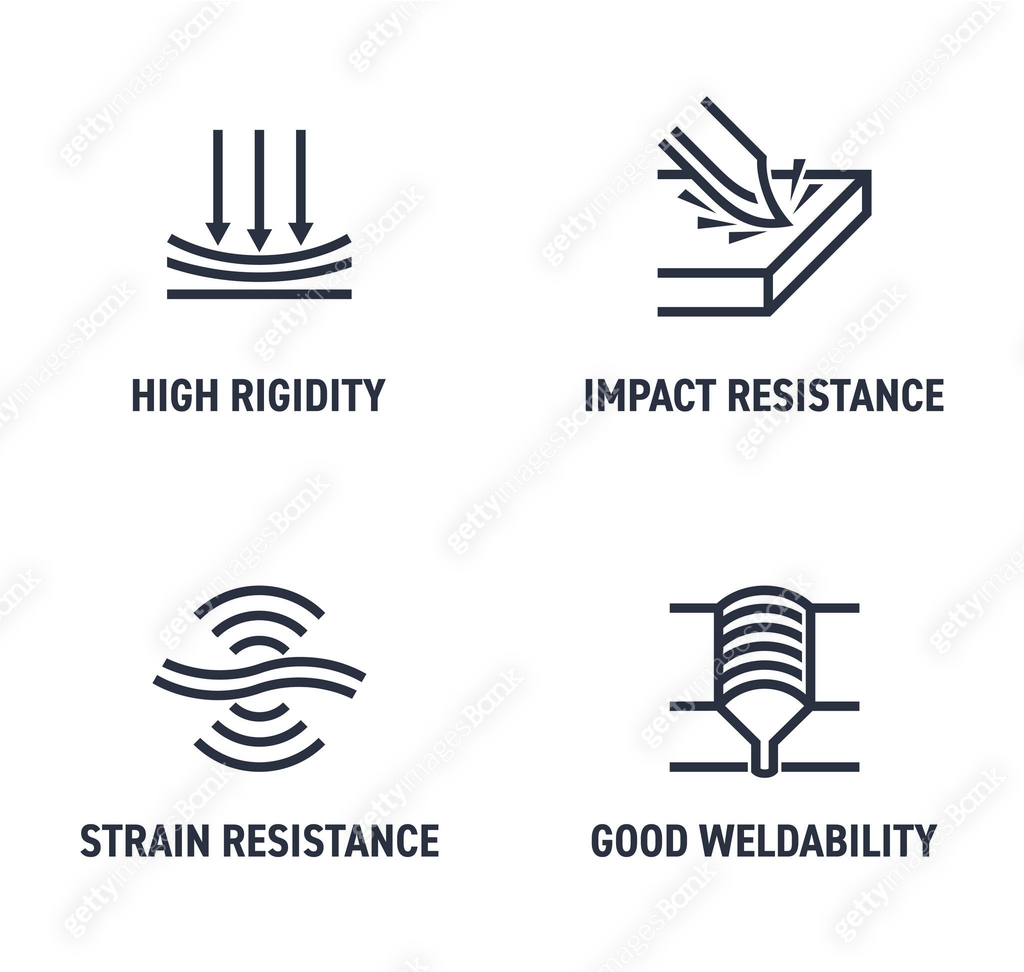 Impact Resist, Rigidity, Weldability - icons in bold line 이미지 ...