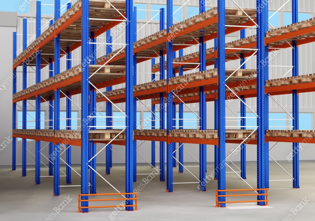 Warehouse furniture. Empty blue warehouse racks. Logistics center ...