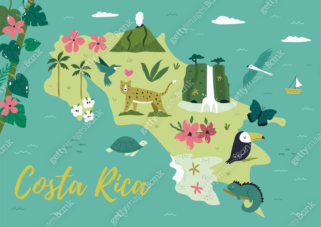 Costa Rica hand drawn illustrated vector map, poster, decoration with ...
