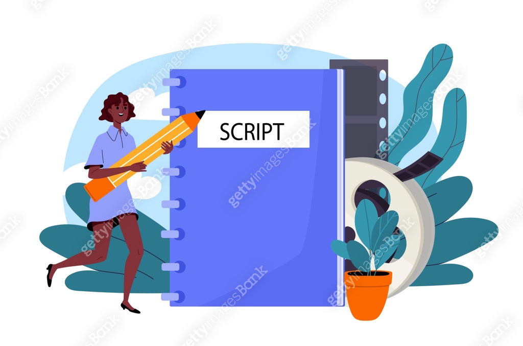 Woman writing script. Young girl with huge pencil near script book ...