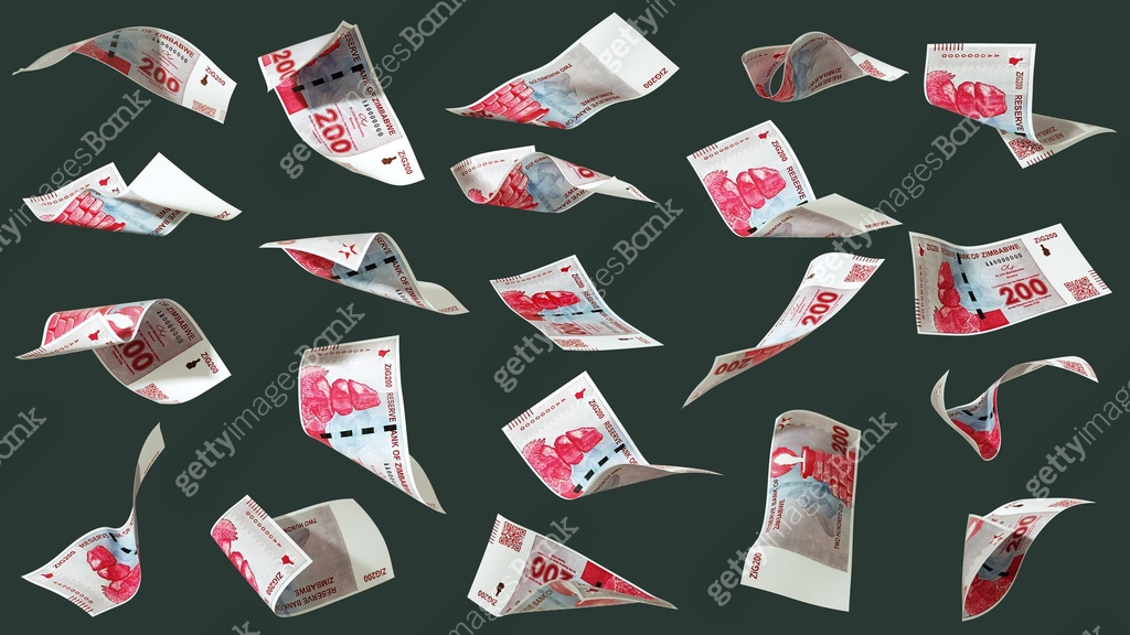 3D rendering of set of 200 Zimbabwe gold Zig notes flying in different ...