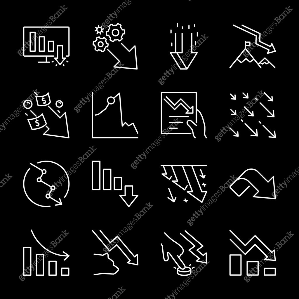 Decline chart icons set. Down arrow chart, decline, decrease, linear ...