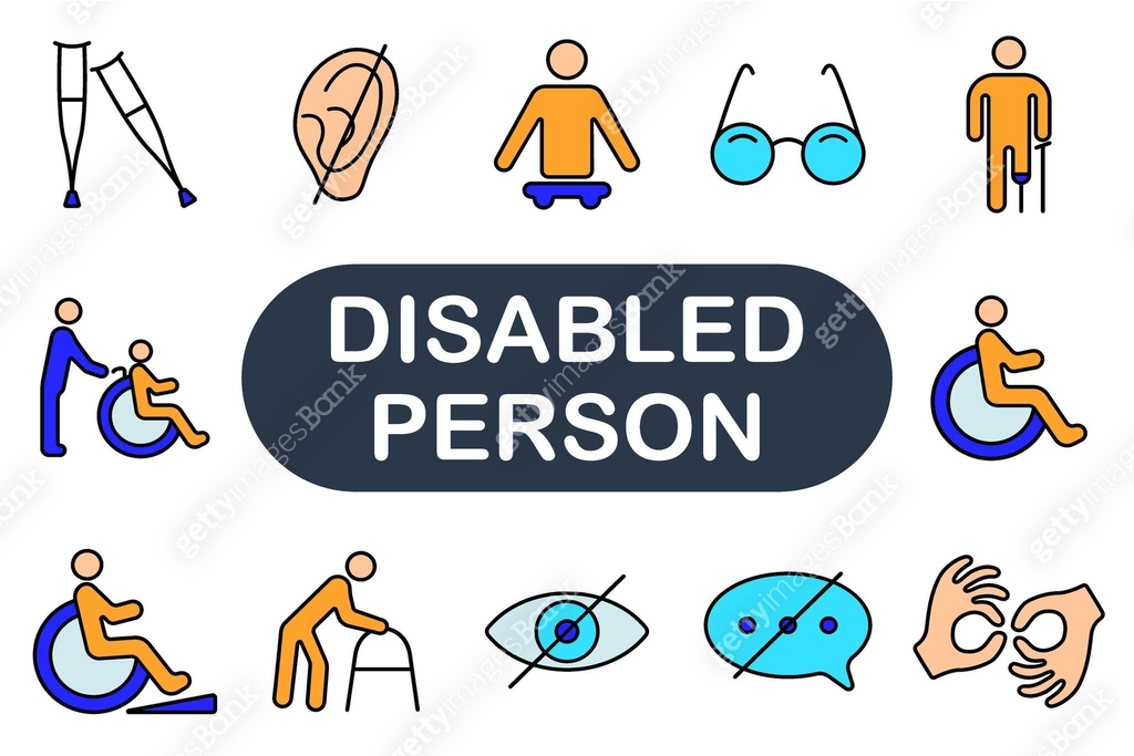 Disabled person set icon. Crutches, braille, wheelchair, cane, hearing ...