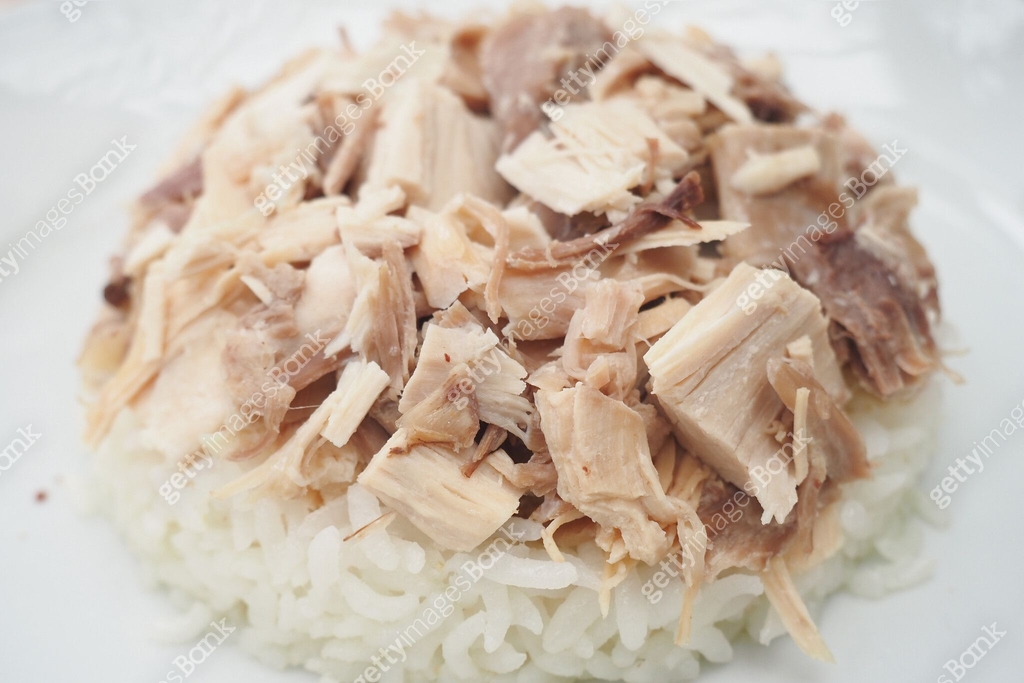 Boiled chicken, steamed rice, pink plate. 이미지 (2164666708) - 게티이미지뱅크