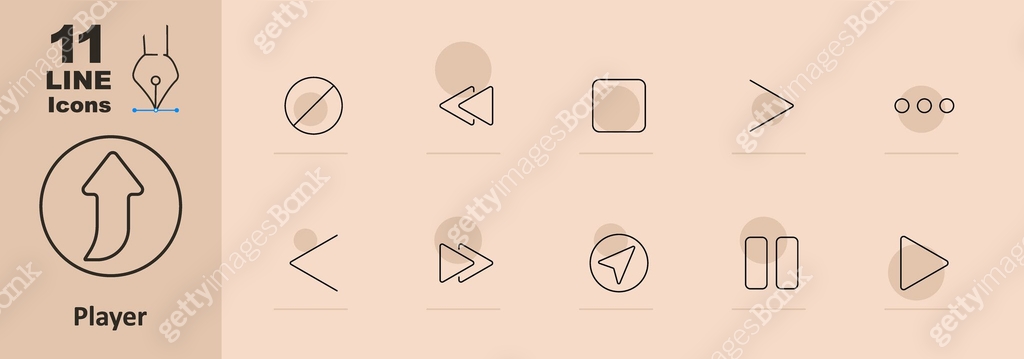 Player set icon. Arrow, rewind, forward, pause, play, stop, previous ...
