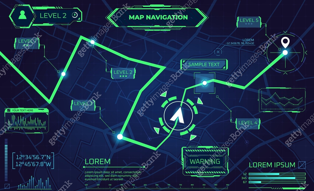 Navigation game map. Futuristic gaming interface, cartography plan ...