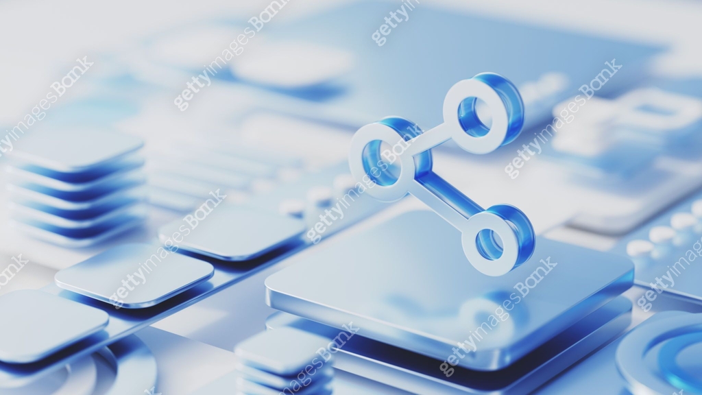 3D connection icon on an abstract motherboard. Network connection ...