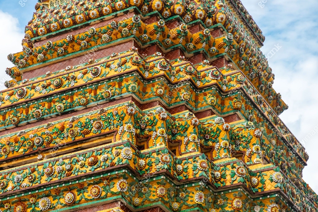 Intricate close-up facade of Wat Pho Temple ornate architecture with ...