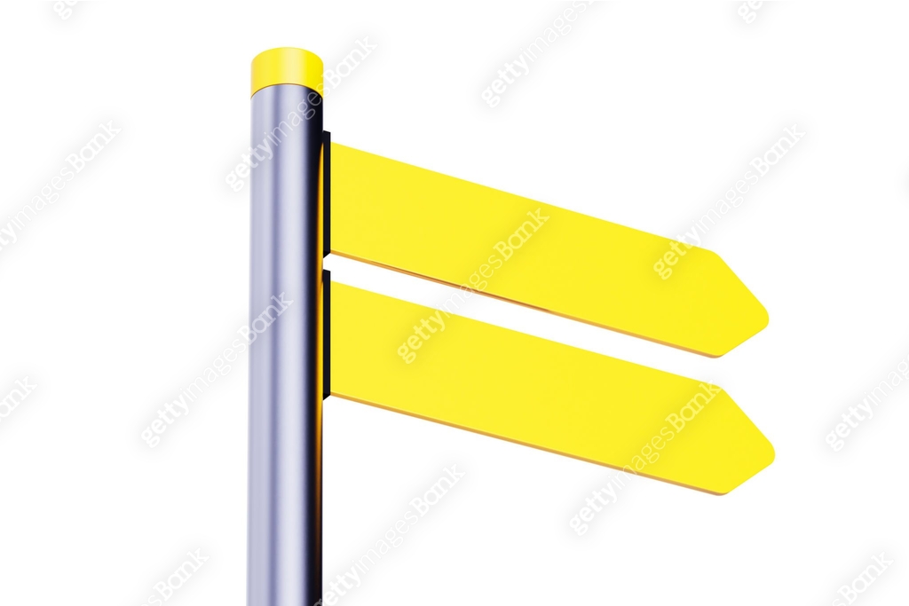 Yellow street signs isolated. Directional pole with arrows, finger post ...