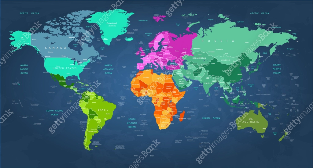 Highly Detailed World Map with Color-Coded Continents for Easy ...