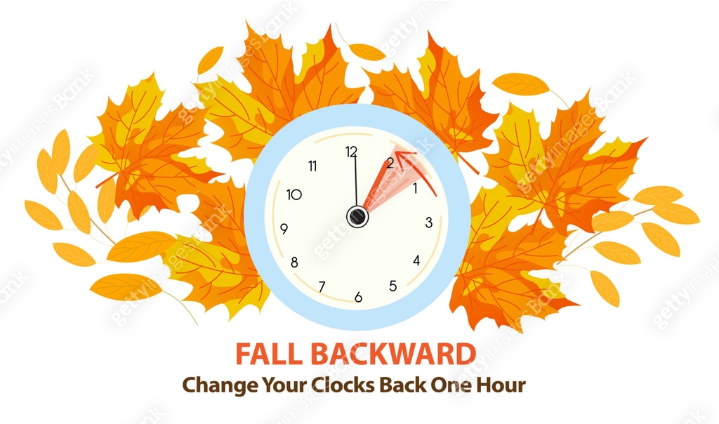 Fall Back banner with clock turning back one hour and surrounded by ...
