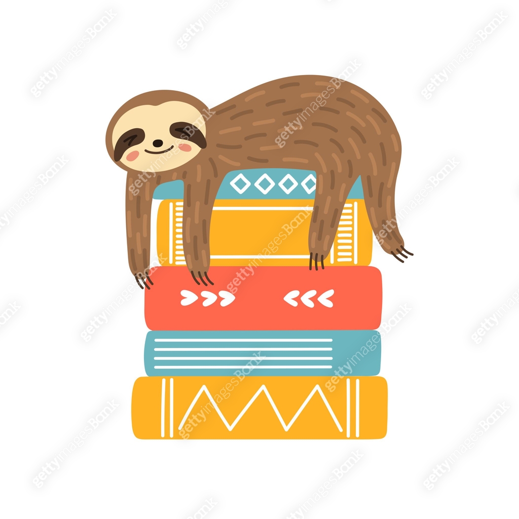 Cute sloth sleeping on stack of books. 이미지 (2172550074) 일러스트, 무료 일러스트 ...
