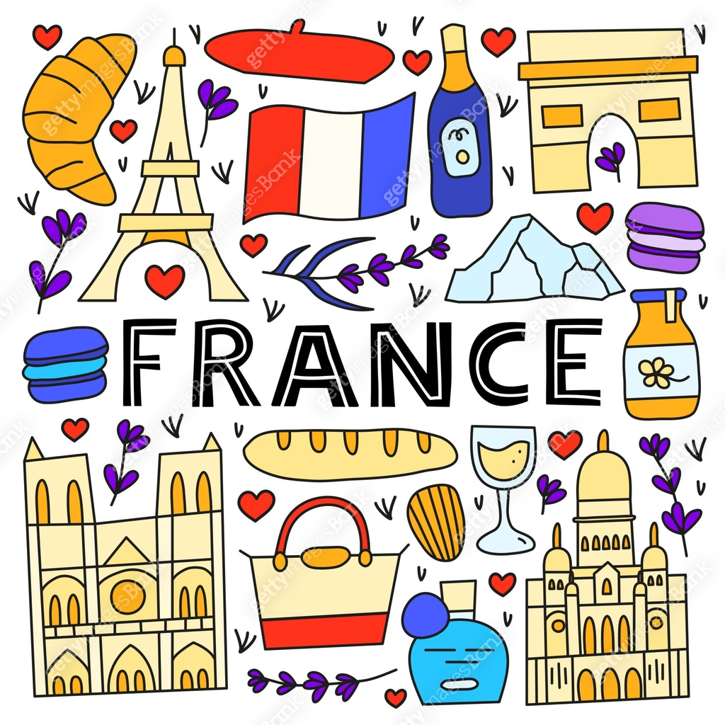 Poster with lettering and doodle France landmarks and attractions. 이미지 ...