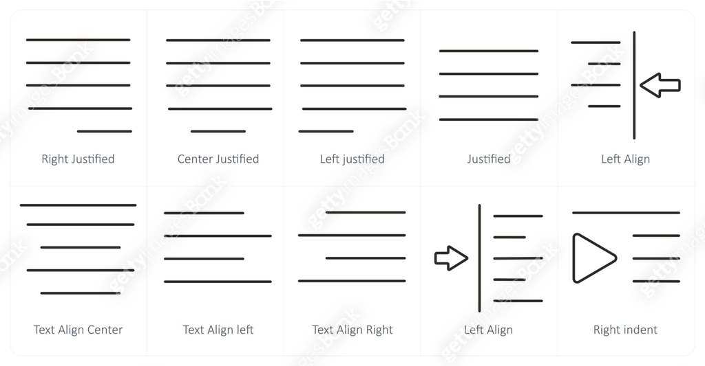 A set of 10 editing tools icons as right justified, center justified ...