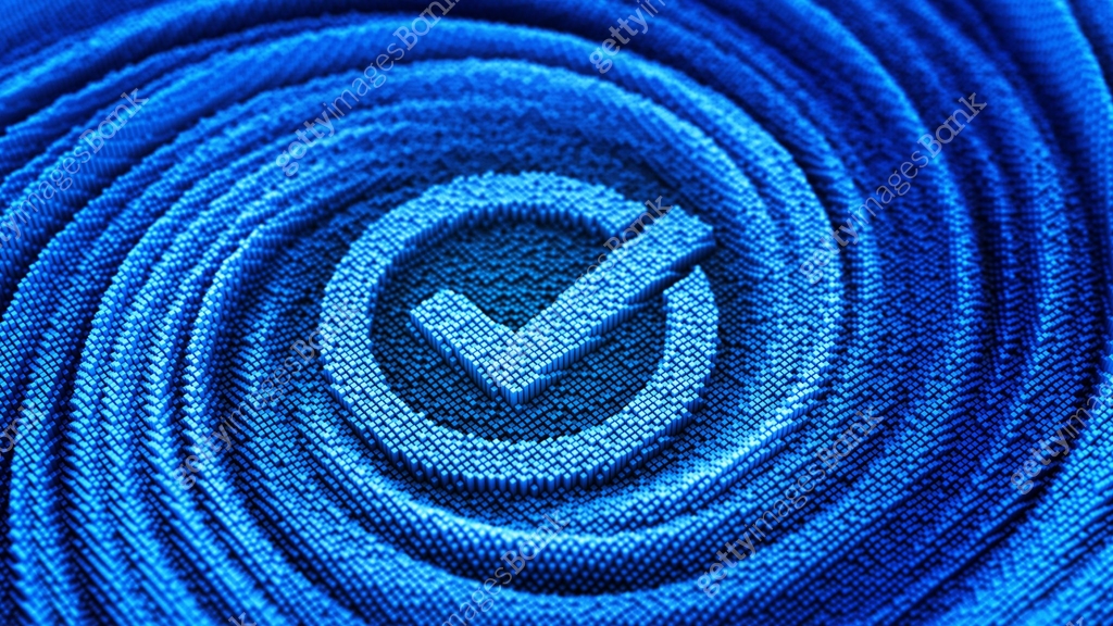 Check mark sign on the futuristic blue swirl pixelated background ...