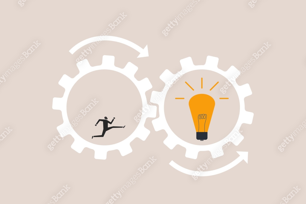 Gear Problem Solving Image Businessman running inside gear cogs to spin lightbulb gears, concept ...