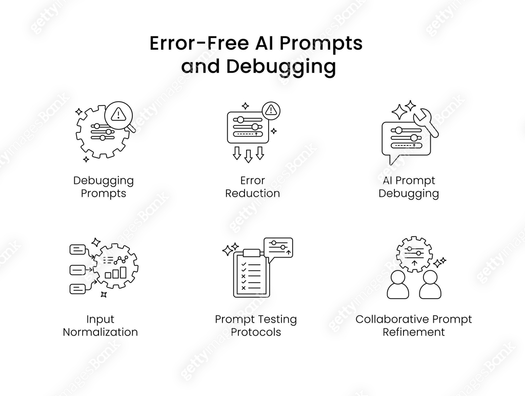 Promp Refinement Icon Error-Free AI Prompts and Debugging. Icons included: Error Reduction ...