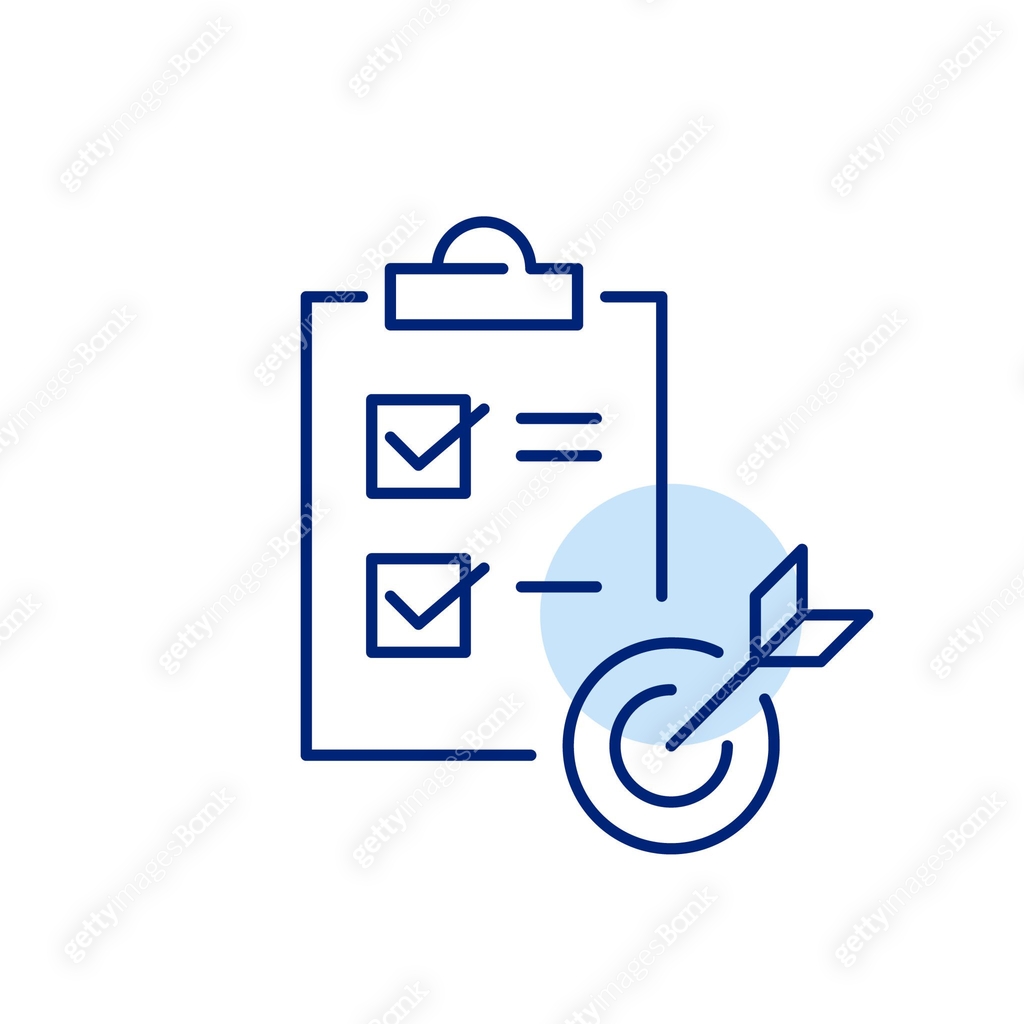 Arrow striking bullseye on target. Checked tasks on checkmark. Focused ...