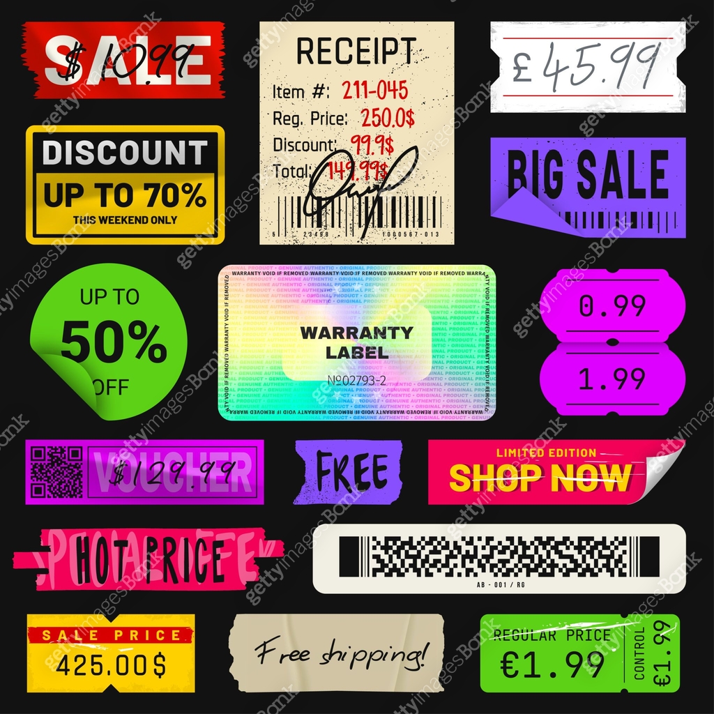 Generic Price Sticker Price sticker in vintage style. Peeled paper price tags, labels, and ...