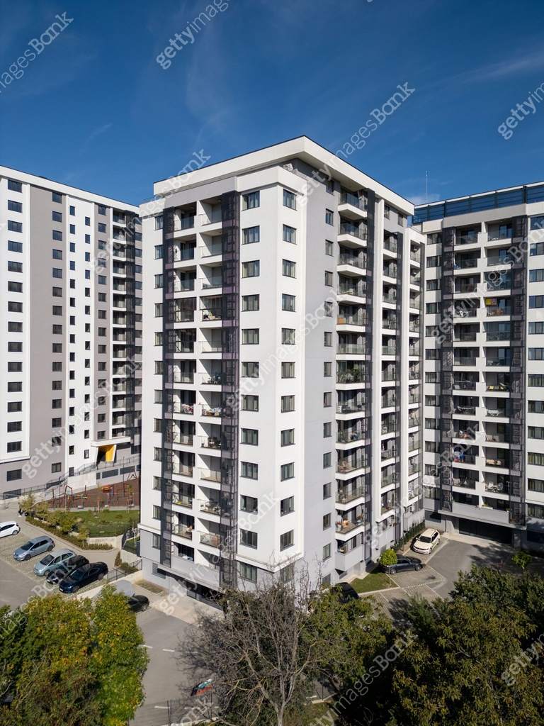 Aerial view of modern residential high rise buildings with balconies