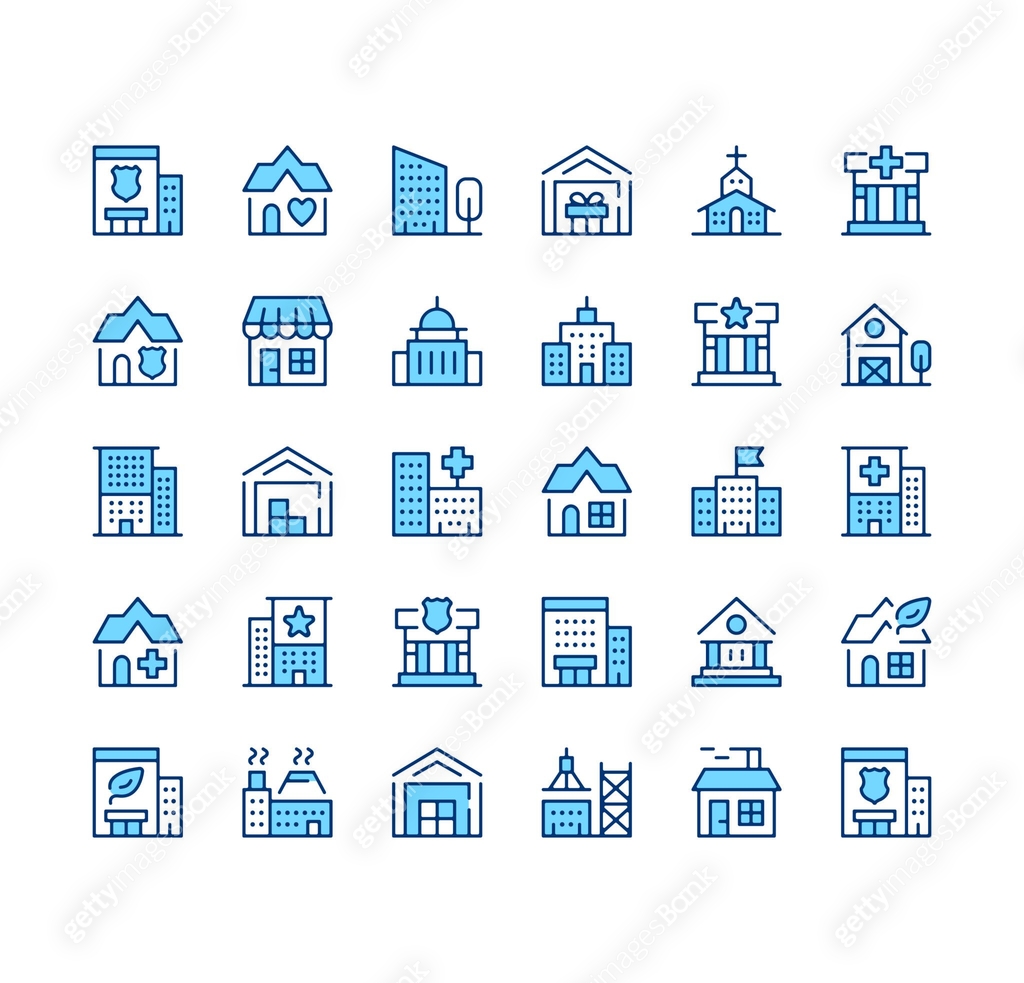 Buildings icons. Outline symbols. Vector blue line icons set 이미지 ...