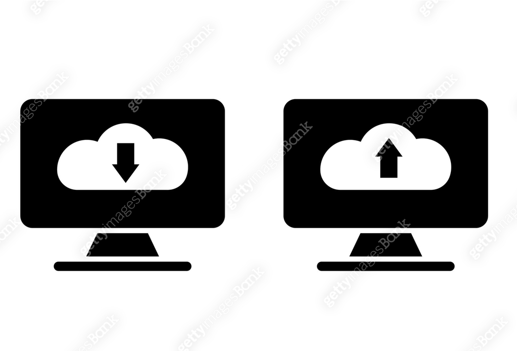 Desktop computer, file transfer, upload and download arrows icons. 이미지 ...