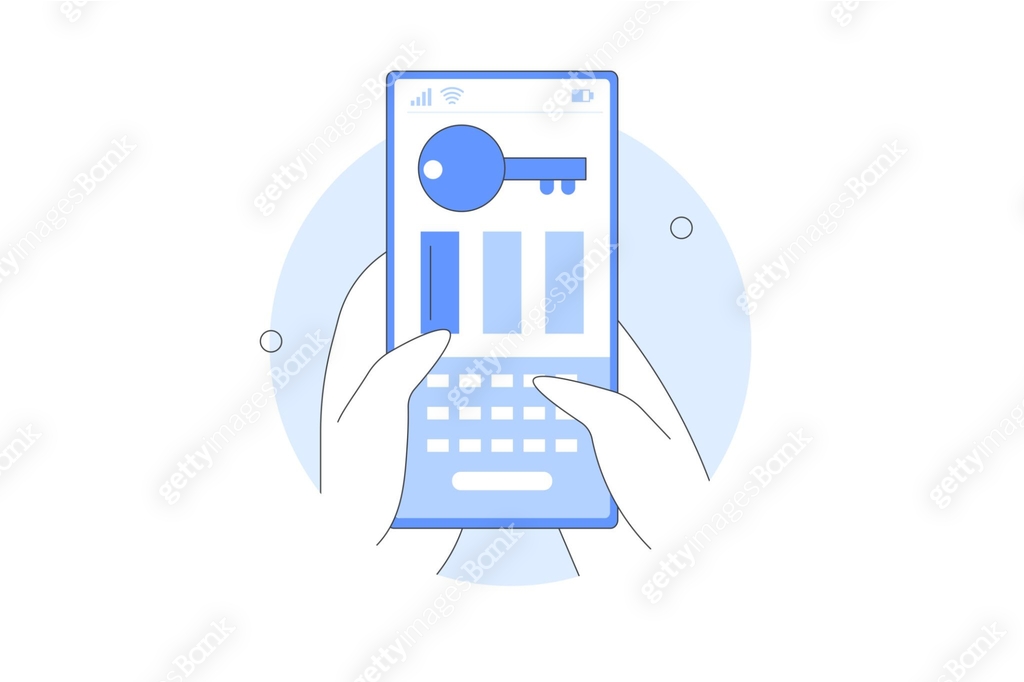 Character hand holding smartphone typing two factor authentication code ...