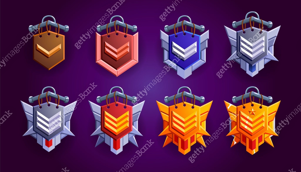 Level game rank badges set. 12 Realistic vector of woody, silver ...