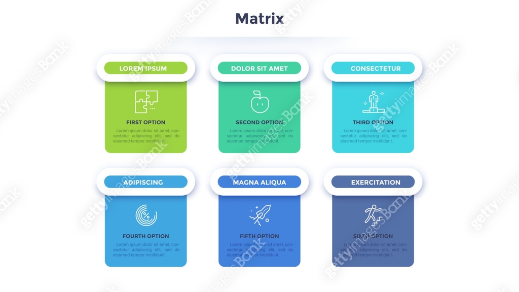 Square matrix chart or table. Six paper colorful rectangular elements ...