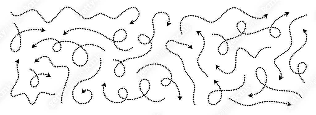 Comic dotted thin arrow set. Wavy curved dashed pointer collection ...