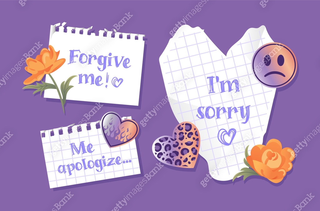 Sorry sign. Notes with apologies and flowers. Collage, torn sheets ...