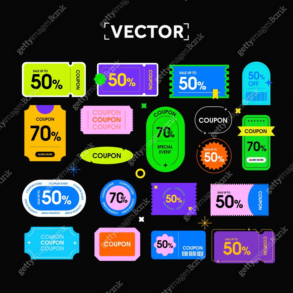 Pack of coupons in blue and green, barcode and coupon code. Coupon set ...