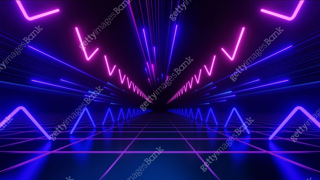 3d Render, High speed technology with neon fast light trails reflected ...