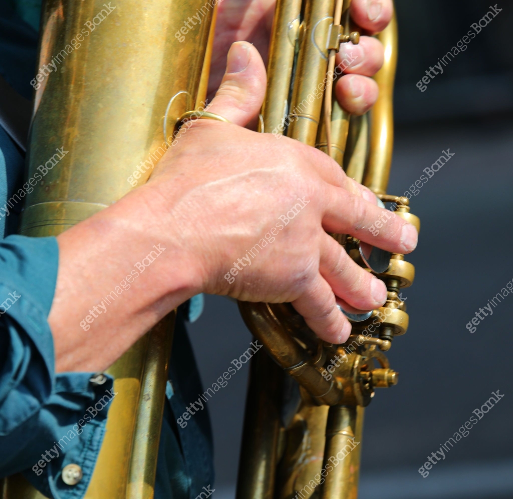hands of the player while setting the notes on the brass wind ...