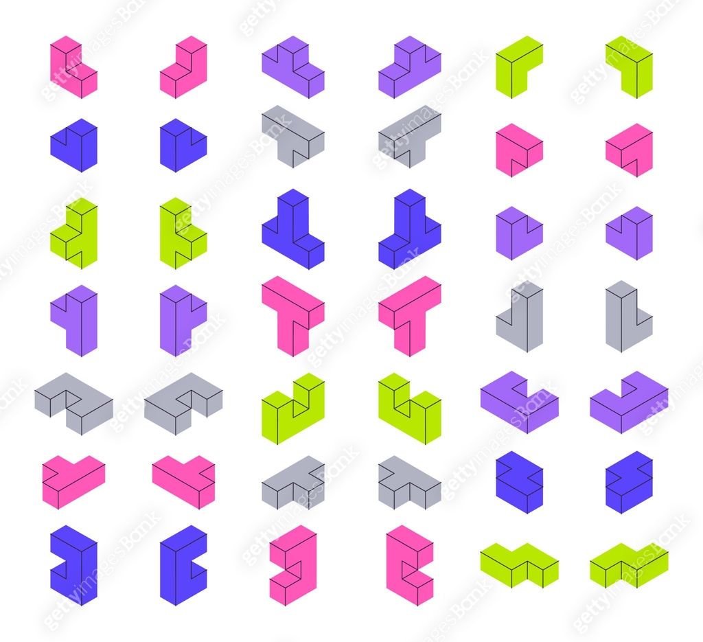 Isometric geometric shapes. Mosaic 3d blocks, colorful puzzle game cube ...