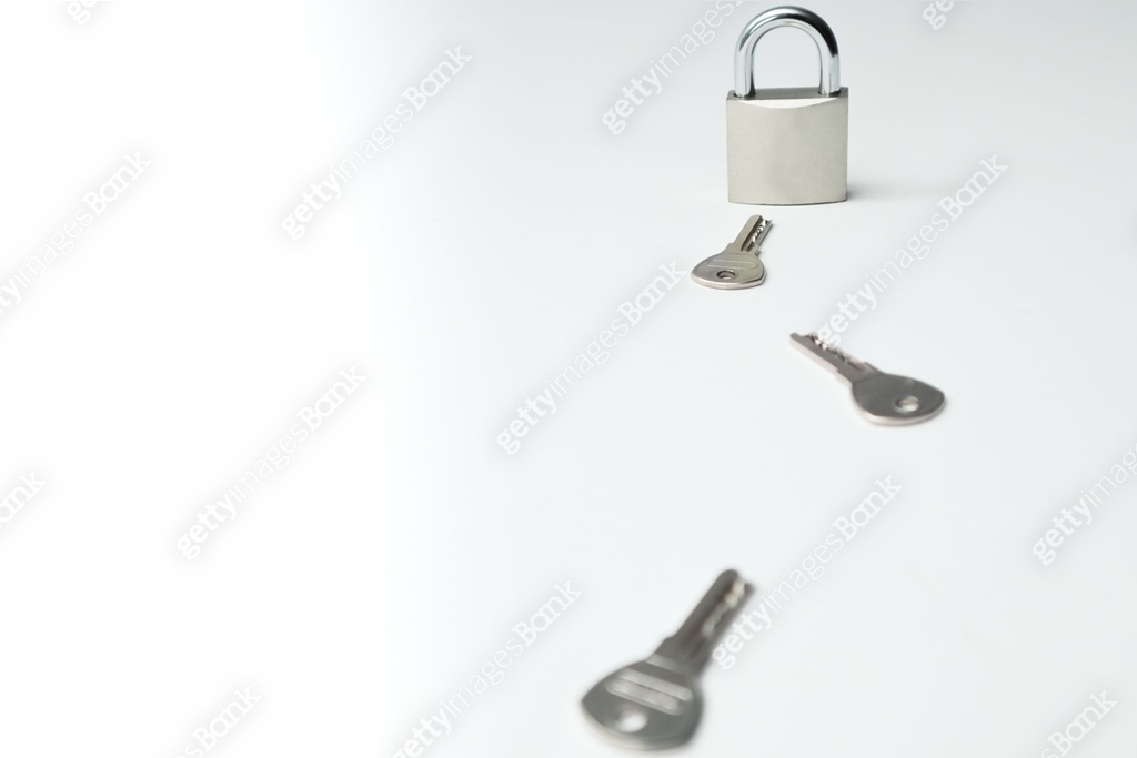 One padlock with many another keys. Many keys and one lock as concept ...