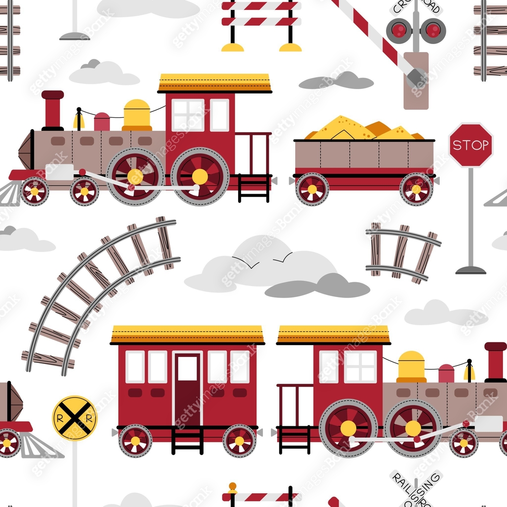 British Train Pattern Background Seamless pattern with steam locomotive, rails and barrier in flat style ...