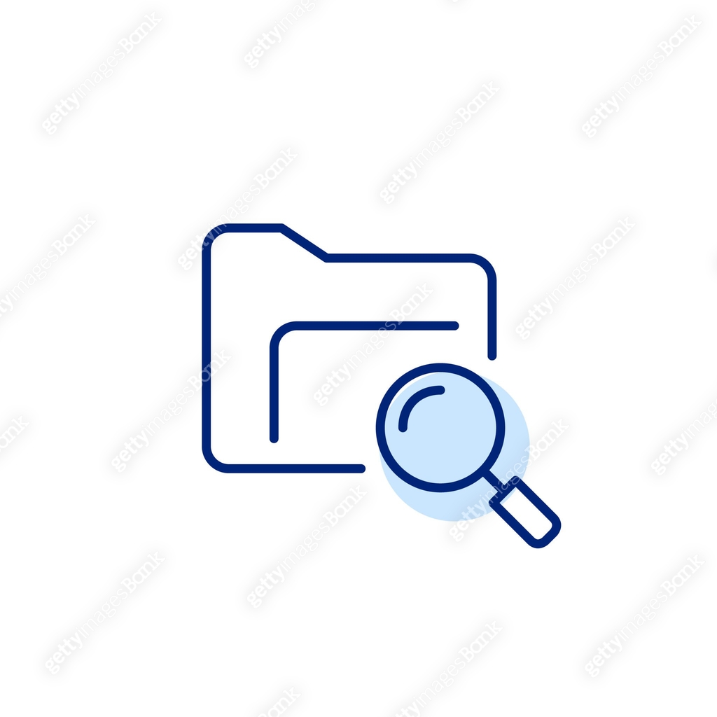 File folder and magnifying glass. Data retrieval and examination. Pixel ...