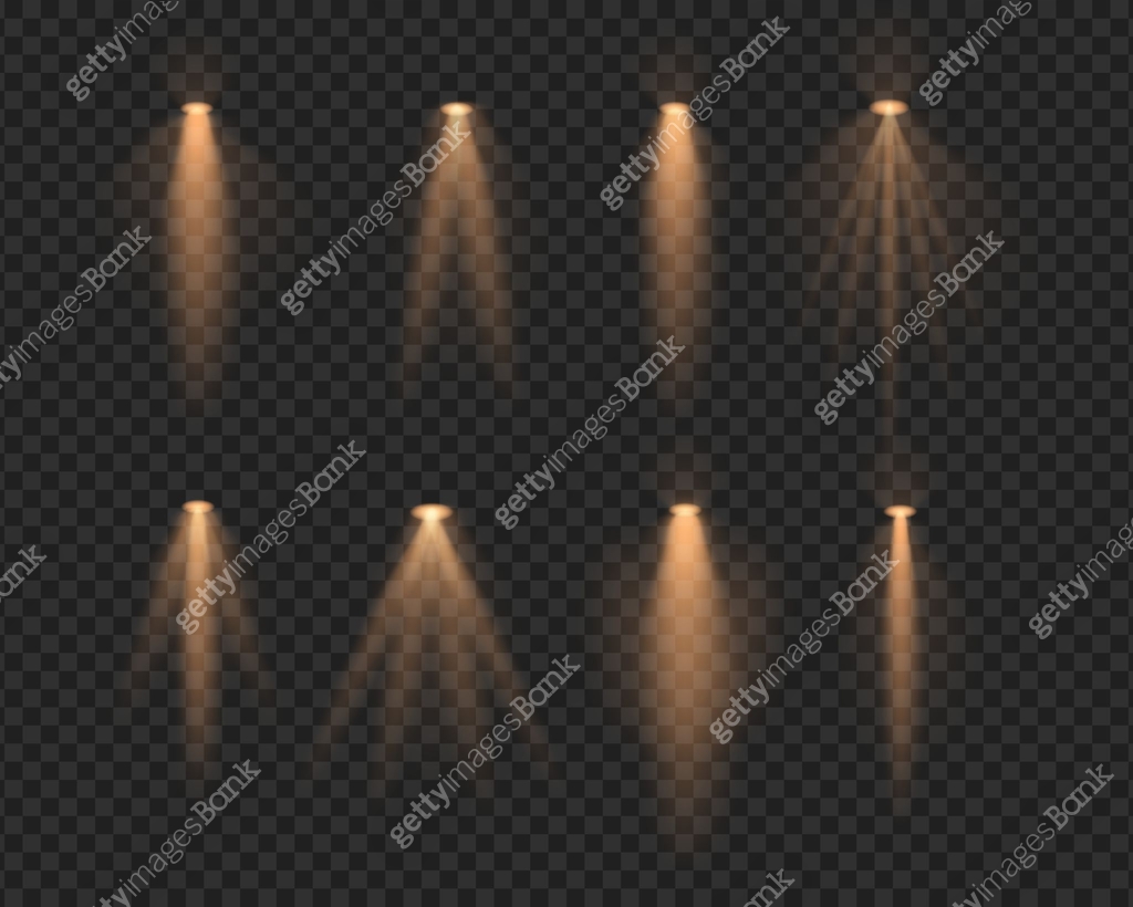 Set gold realistic spotlight beams resembling overhead lamps and ...