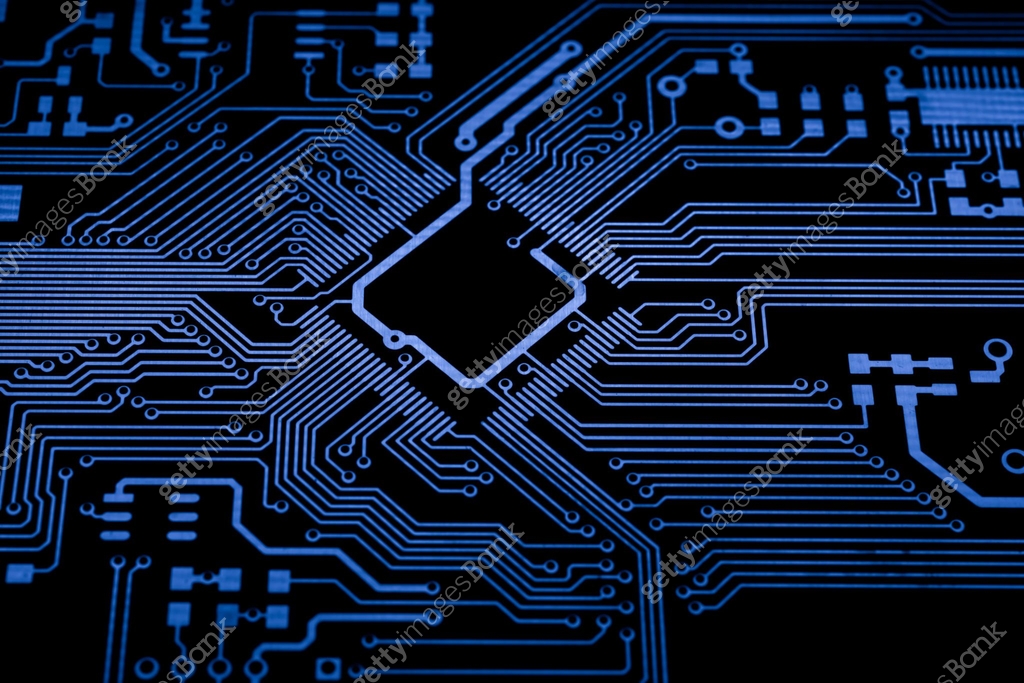 Electronics Track Layout printed circuit. layout of tracks. PCB. processor, chip and electronic ...